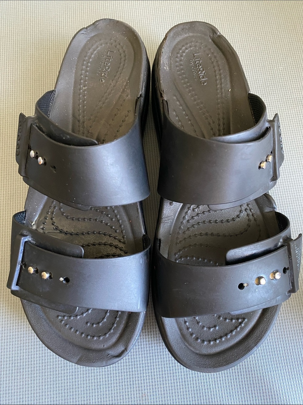 CROCS Black Double-Strap Slide Sandals with Stud Accents